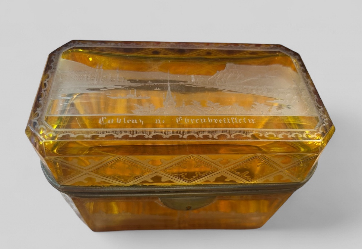 Rare Yellow Bohemian Crystal Box With A View Of Castles, Late 19th Century-photo-7