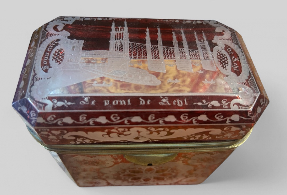 Rare Red Bohemian Crystal Box Souvenir From The Kiehl Bridge, Late 19th Century-photo-2