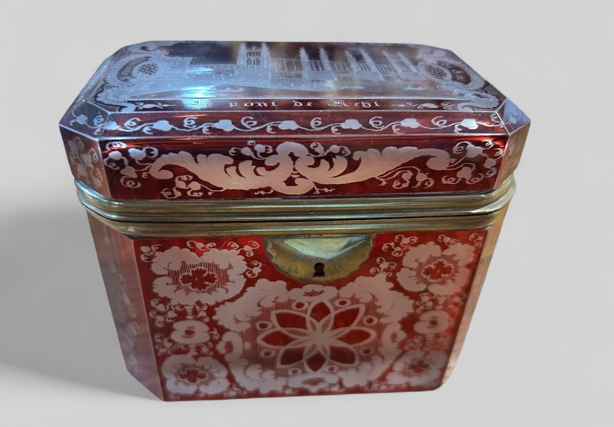 Rare Red Bohemian Crystal Box Souvenir From The Kiehl Bridge, Late 19th Century-photo-4