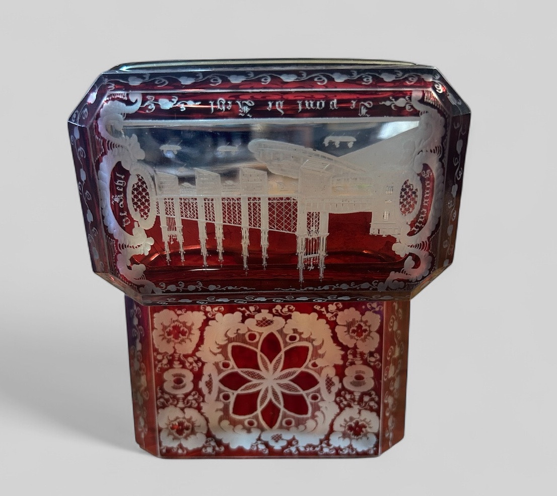 Rare Red Bohemian Crystal Box Souvenir From The Kiehl Bridge, Late 19th Century-photo-6