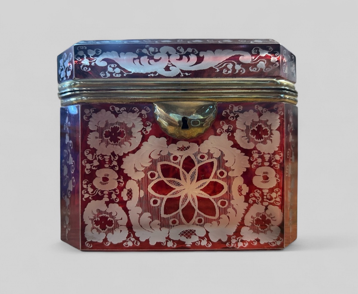 Rare Red Bohemian Crystal Box Souvenir From The Kiehl Bridge, Late 19th Century-photo-8