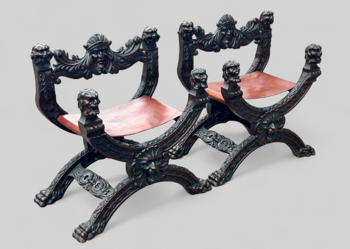 Paire de fauteuils curules Dagobert en acajou de style renaissance fin XIXéme - fauteuil en X 