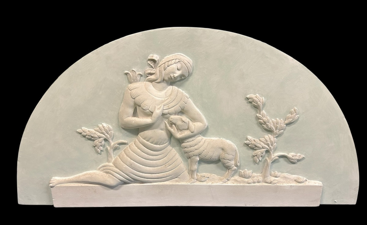 Pair Of Large Decorative Plaster Panels From The Art Deco Period - Top Of Door H 62 X W 126 Cm-photo-2