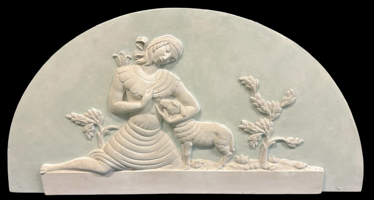 Pair Of Large Decorative Plaster Panels From The Art Deco Period - Top Of Door H 62 X W 126 Cm-photo-3