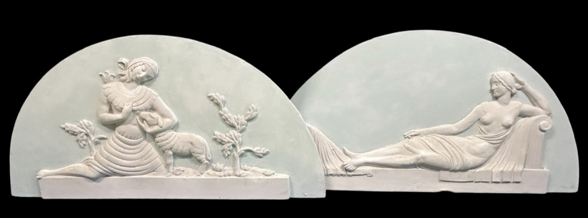 Pair Of Large Decorative Plaster Panels From The Art Deco Period - Top Of Door H 62 X W 126 Cm-photo-7