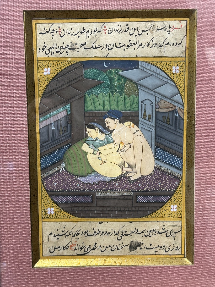 India - Pair Of Ancient Persian Miniatures, 19th Century, Manuscript Pages - Gouache - Erotic - Kama Sutra -photo-3