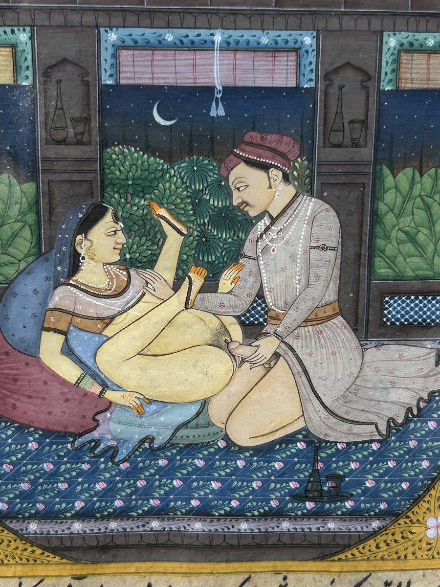 India - Pair Of Ancient Persian Miniatures, 19th Century, Manuscript Pages - Gouache - Erotic - Kama Sutra -photo-1