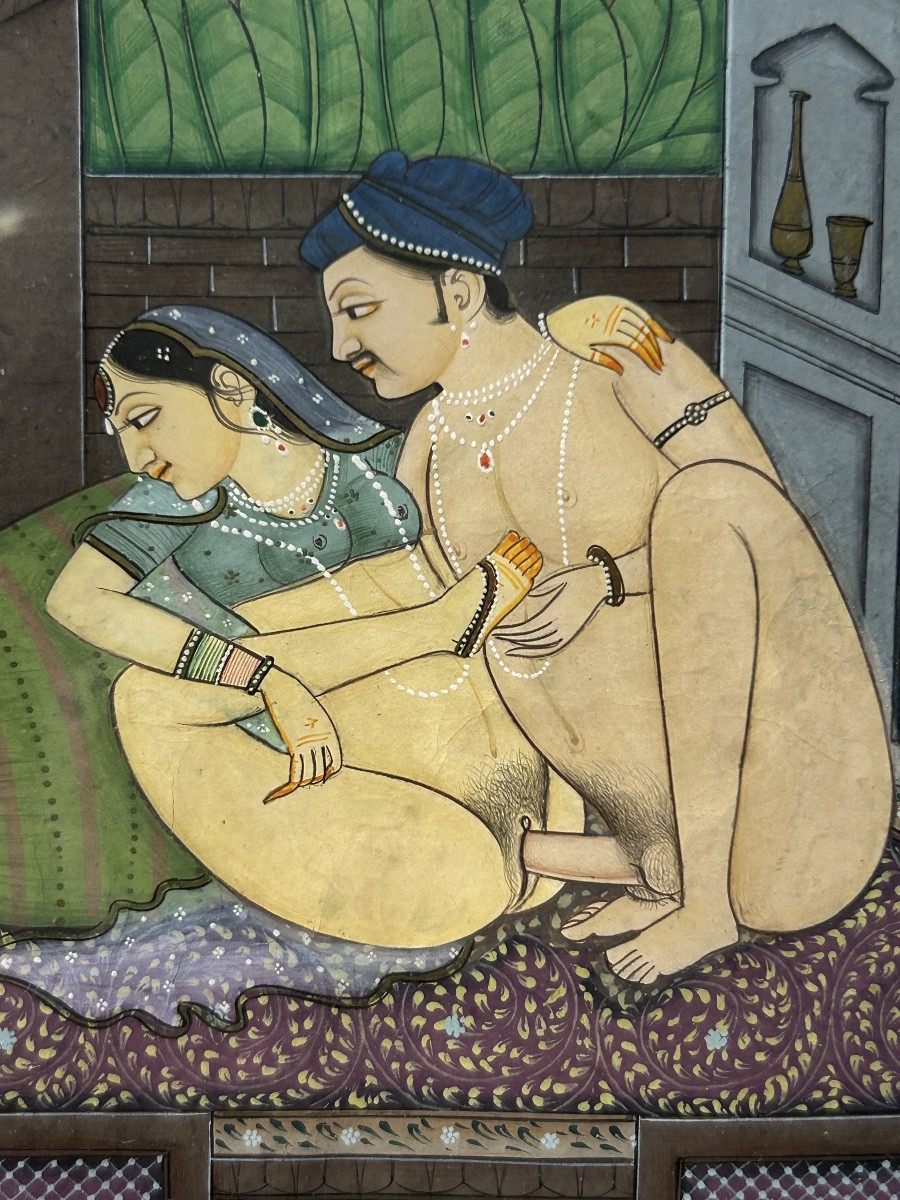 India - Pair Of Ancient Persian Miniatures, 19th Century, Manuscript Pages - Gouache - Erotic - Kama Sutra -photo-7