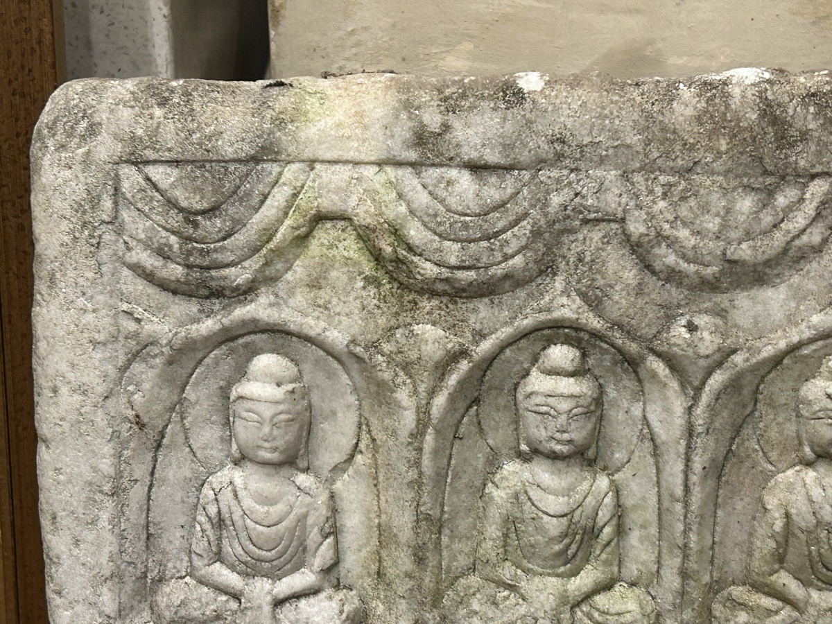 Ancienne Stèle votive bouddhique Chinoise en marbre blanc sculpture bas relief Chine médiéval -photo-4