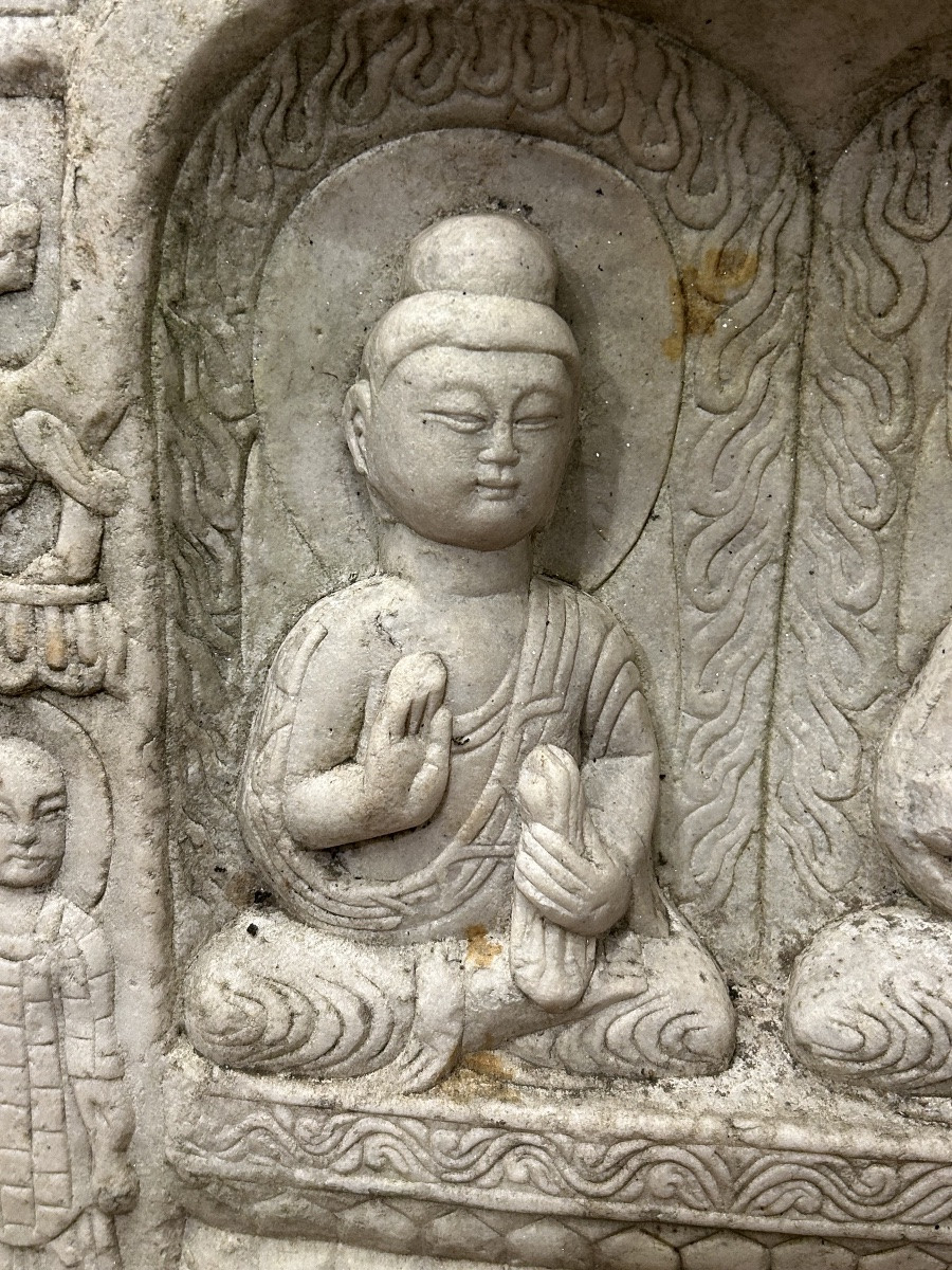 Ancienne Stèle votive bouddhique Chinoise en marbre blanc sculpture bas relief Chine médiéval -photo-6