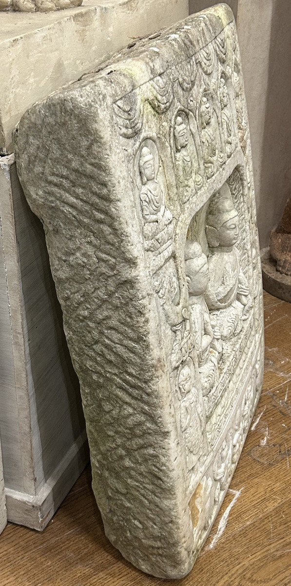 Ancienne Stèle votive bouddhique Chinoise en marbre blanc sculpture bas relief Chine médiéval -photo-7