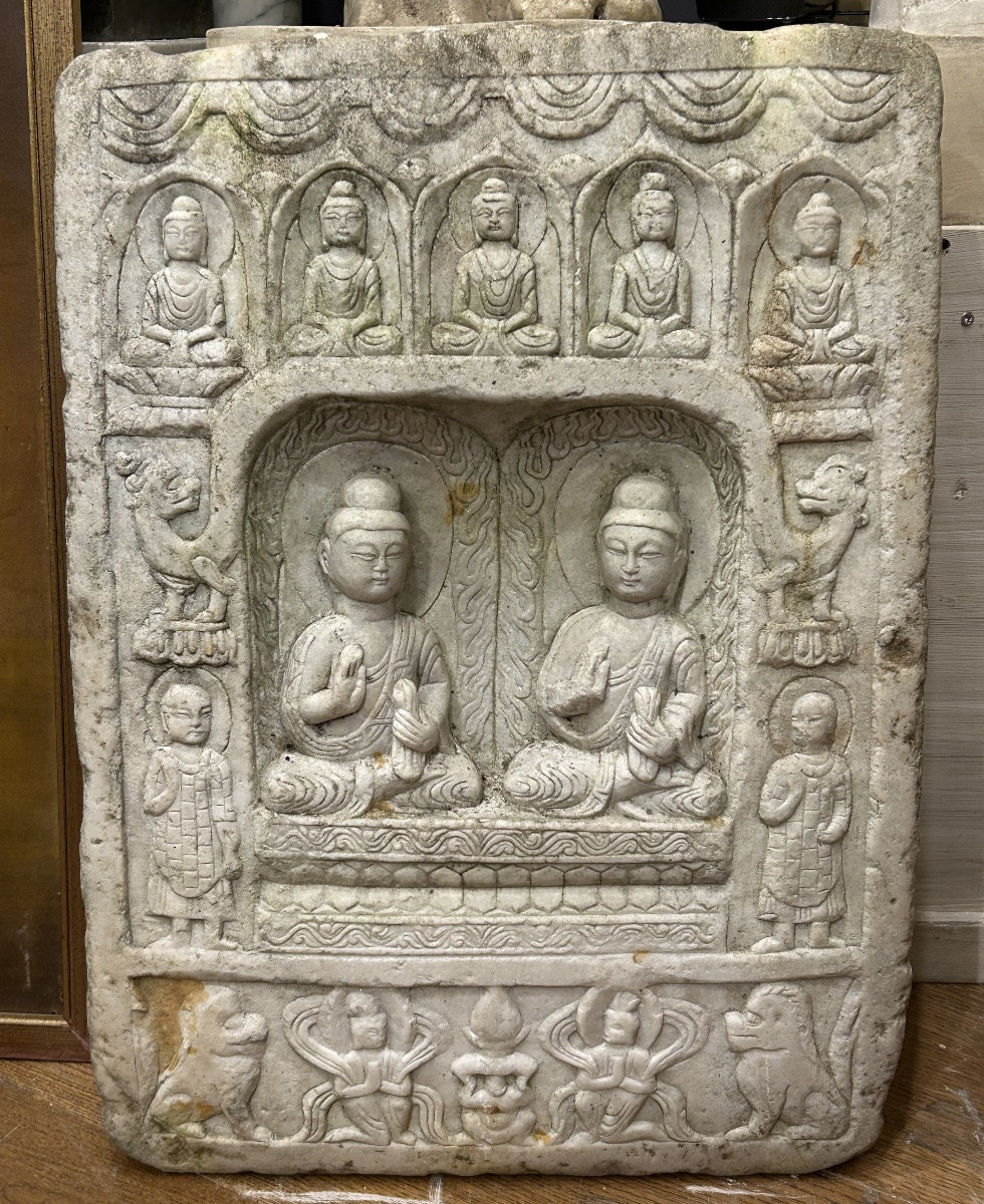 Ancienne Stèle votive bouddhique Chinoise en marbre blanc sculpture bas relief Chine médiéval 