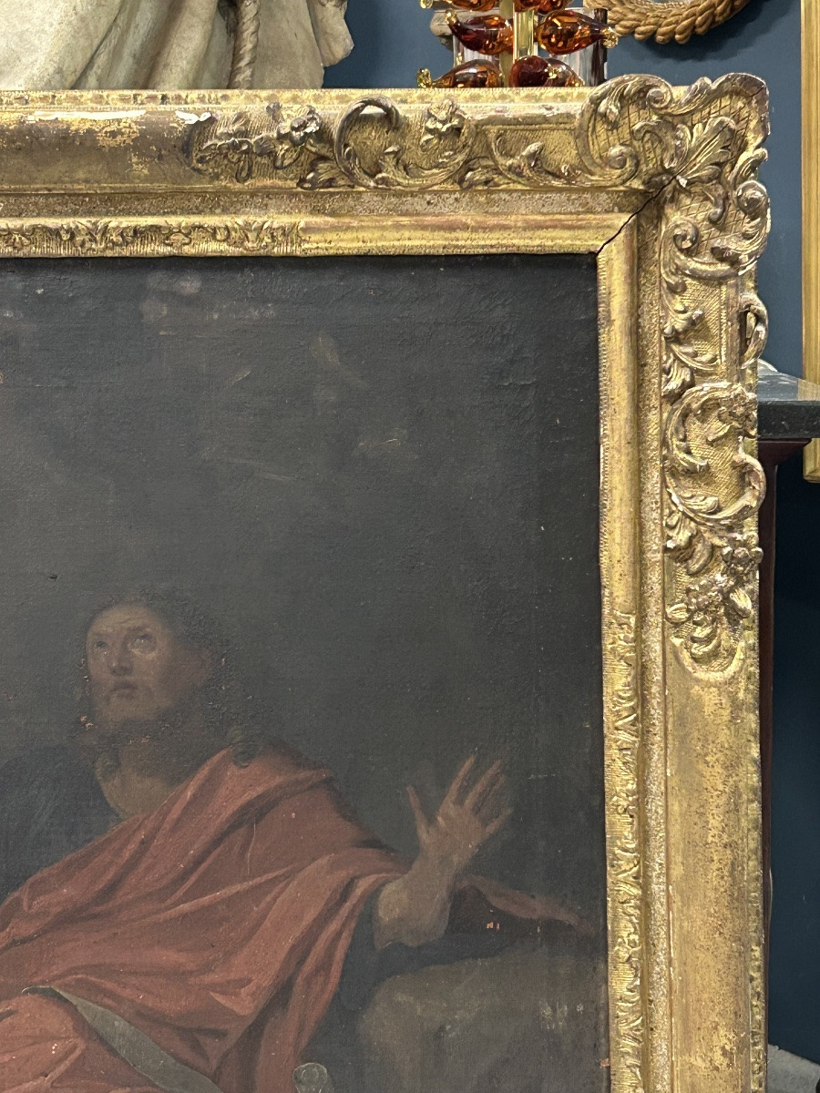 Antique Gilded Wooden Frame And Religious Painting, All From The Early 18th Century H 104cm 1/5 -photo-1