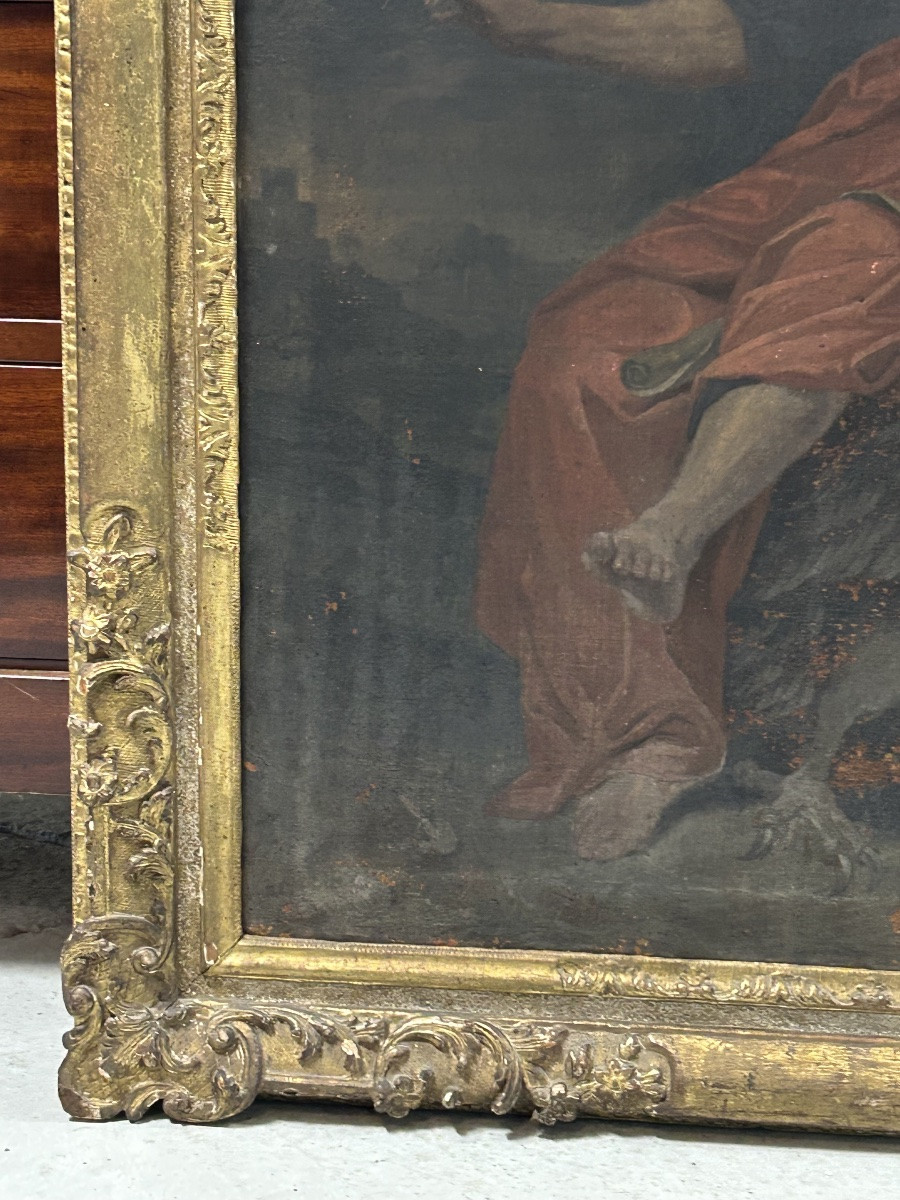 Antique Gilded Wooden Frame And Religious Painting, All From The Early 18th Century H 104cm 1/5 -photo-2