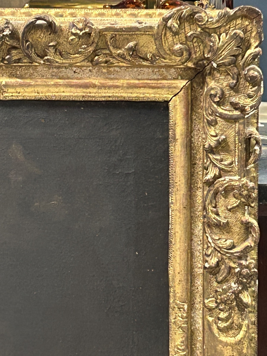 Antique Gilded Wooden Frame And Religious Painting, All From The Early 18th Century H 104cm 1/5 -photo-3