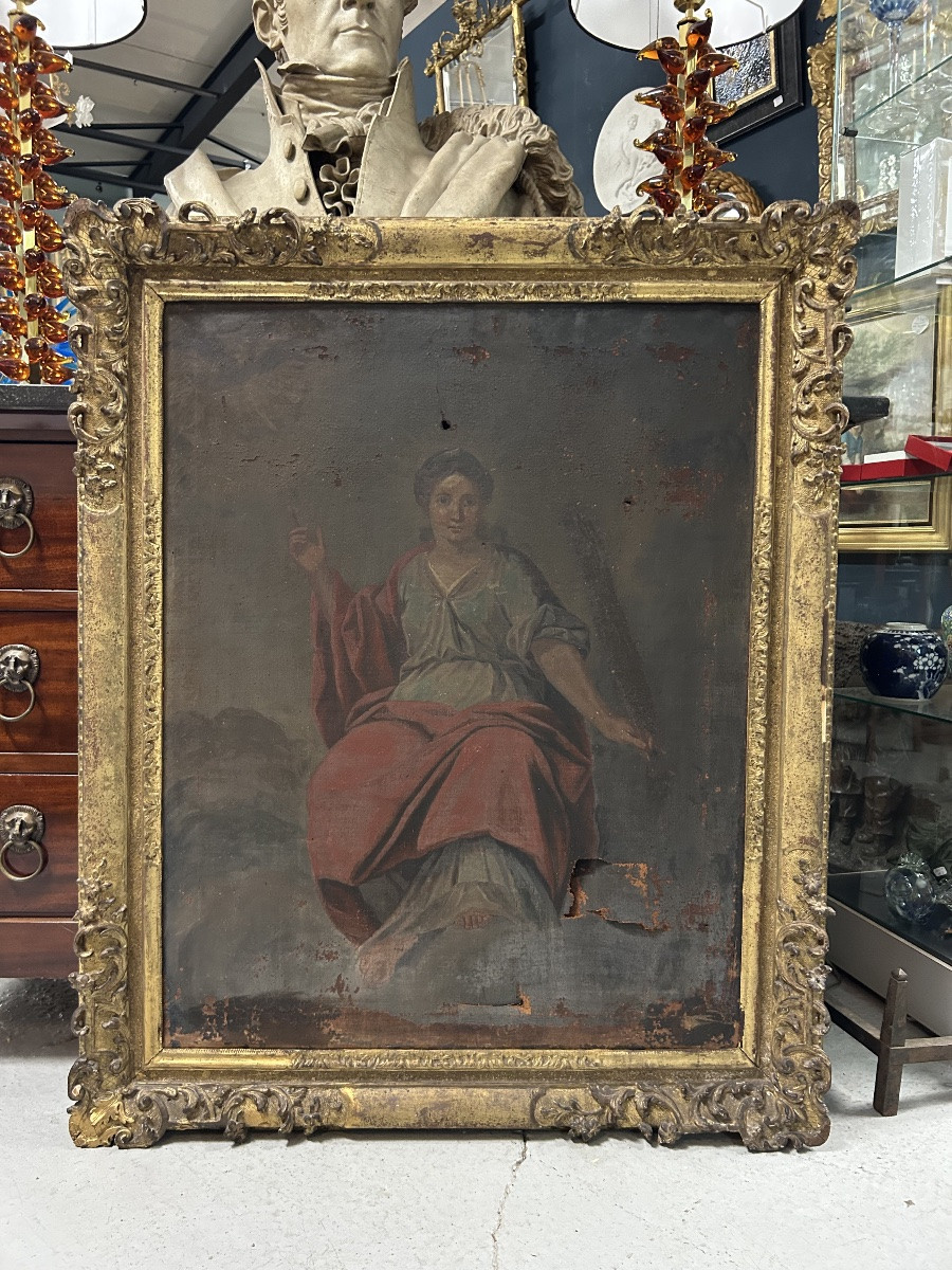 Antique Gilded Wooden Frame And Religious Painting, All From The Early 18th Century H 104cm 1/2-photo-2