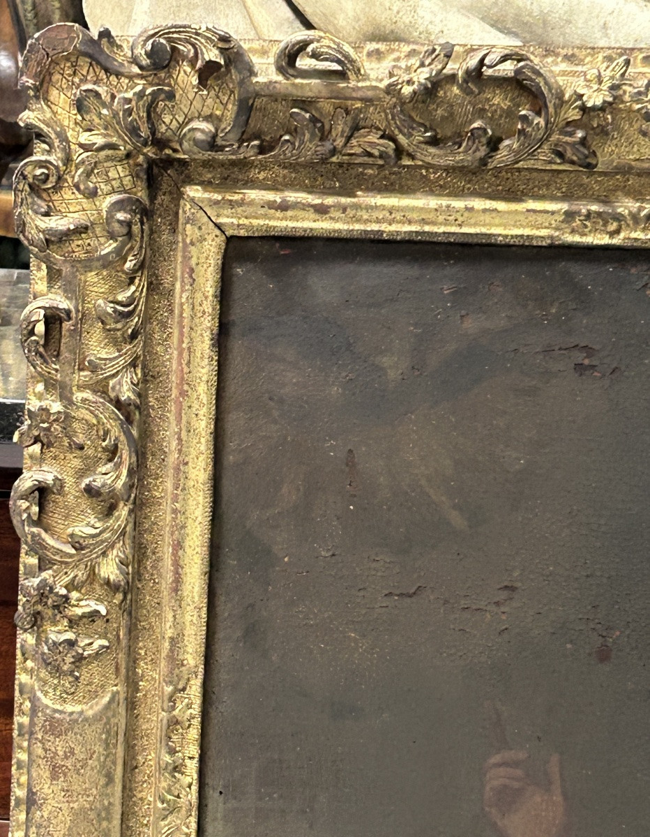 Antique Gilded Wooden Frame And Religious Painting, All From The Early 18th Century H 104cm 1/2-photo-4