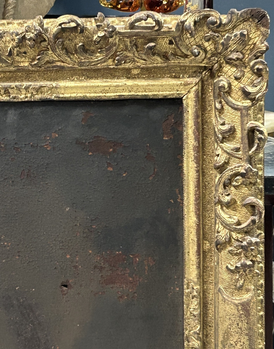 Antique Gilded Wooden Frame And Religious Painting, All From The Early 18th Century H 104cm 1/2-photo-1