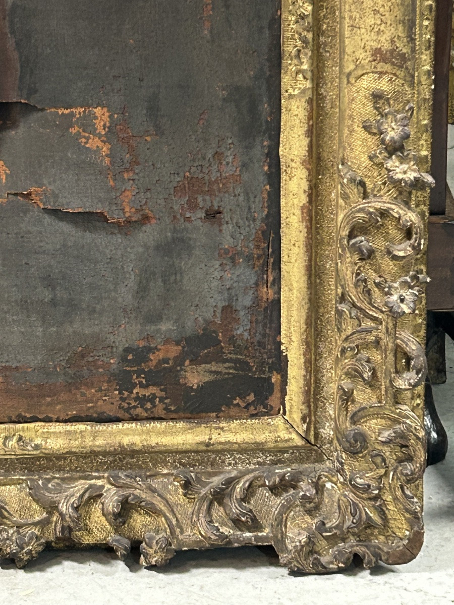 Antique Gilded Wooden Frame And Religious Painting, All From The Early 18th Century H 104cm 1/2-photo-2