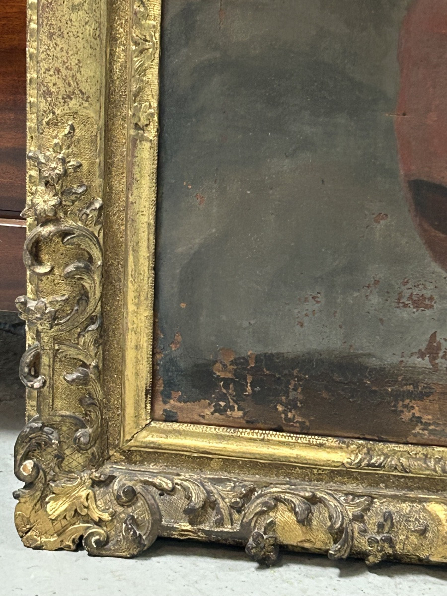 Antique Gilded Wooden Frame And Religious Painting, All From The Early 18th Century H 104cm 1/2-photo-3