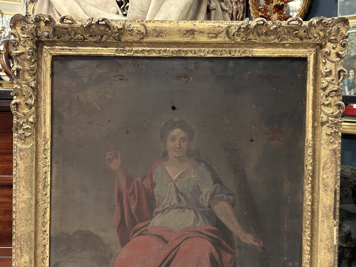 Antique Gilded Wooden Frame And Religious Painting, All From The Early 18th Century H 104cm 1/2-photo-5