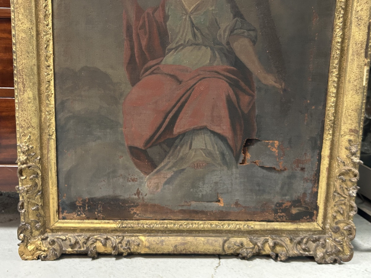 Antique Gilded Wooden Frame And Religious Painting, All From The Early 18th Century H 104cm 1/2-photo-6