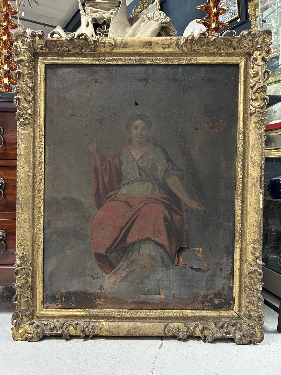 Antique Gilded Wooden Frame And Religious Painting, All From The Early 18th Century H 104cm 1/2-photo-7