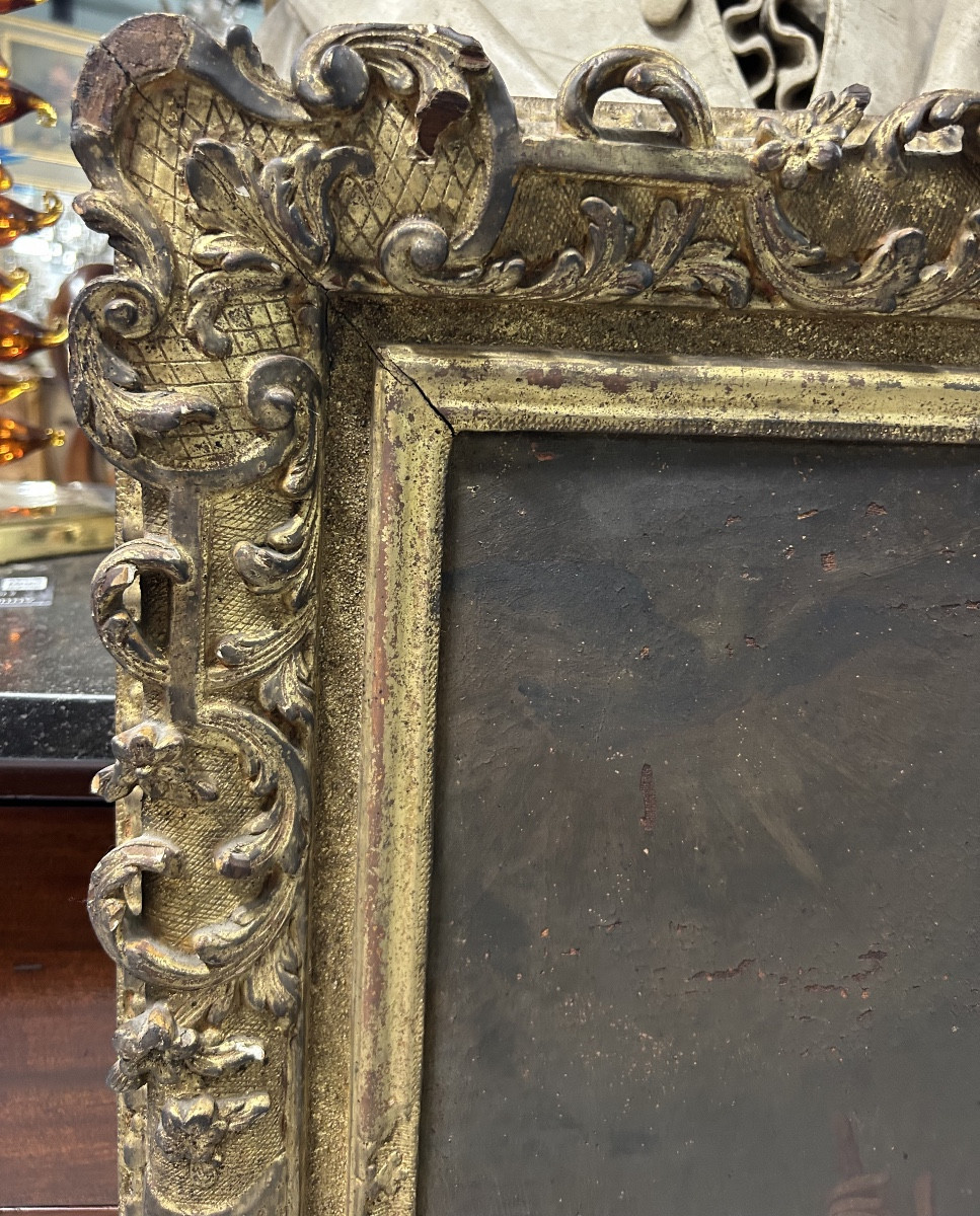 Antique Gilded Wooden Frame And Religious Painting, All From The Early 18th Century H 104cm 1/2-photo-4