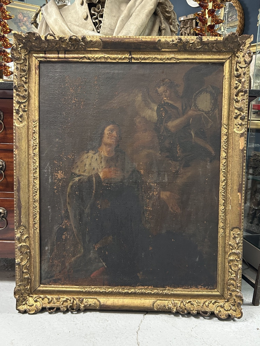 Antique Gilded Wooden Frame And Religious Painting, All From The Early 18th Century H 104cm 1/5 -photo-2