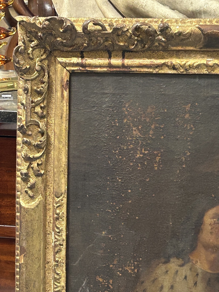 Antique Gilded Wooden Frame And Religious Painting, All From The Early 18th Century H 104cm 1/5 -photo-4