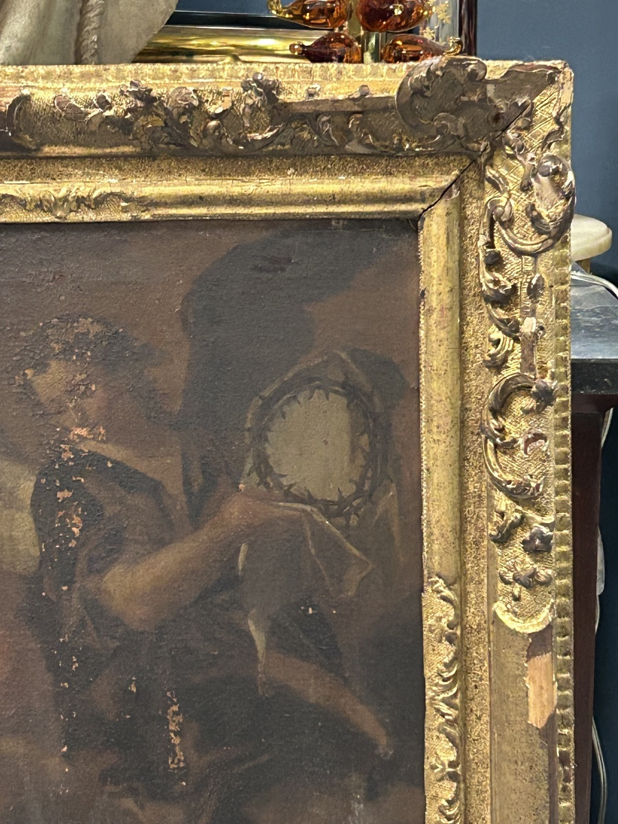 Antique Gilded Wooden Frame And Religious Painting, All From The Early 18th Century H 104cm 1/5 -photo-1