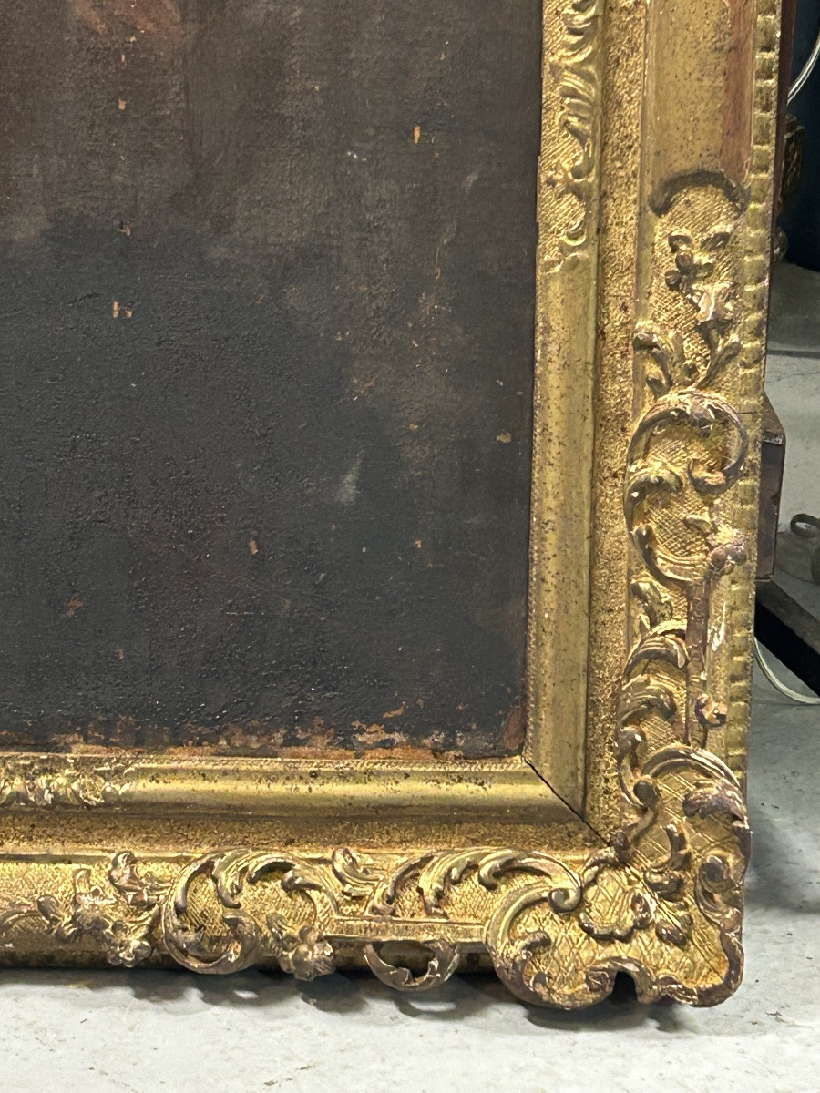 Antique Gilded Wooden Frame And Religious Painting, All From The Early 18th Century H 104cm 1/5 -photo-2