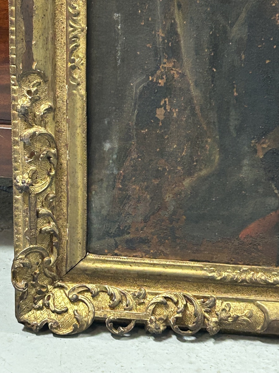 Antique Gilded Wooden Frame And Religious Painting, All From The Early 18th Century H 104cm 1/5 -photo-3