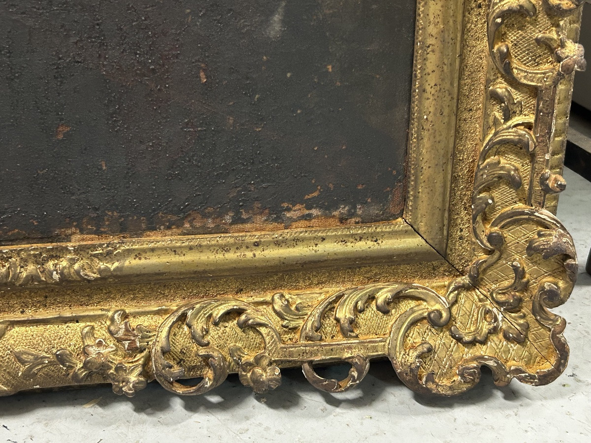 Antique Gilded Wooden Frame And Religious Painting, All From The Early 18th Century H 104cm 1/5 -photo-6