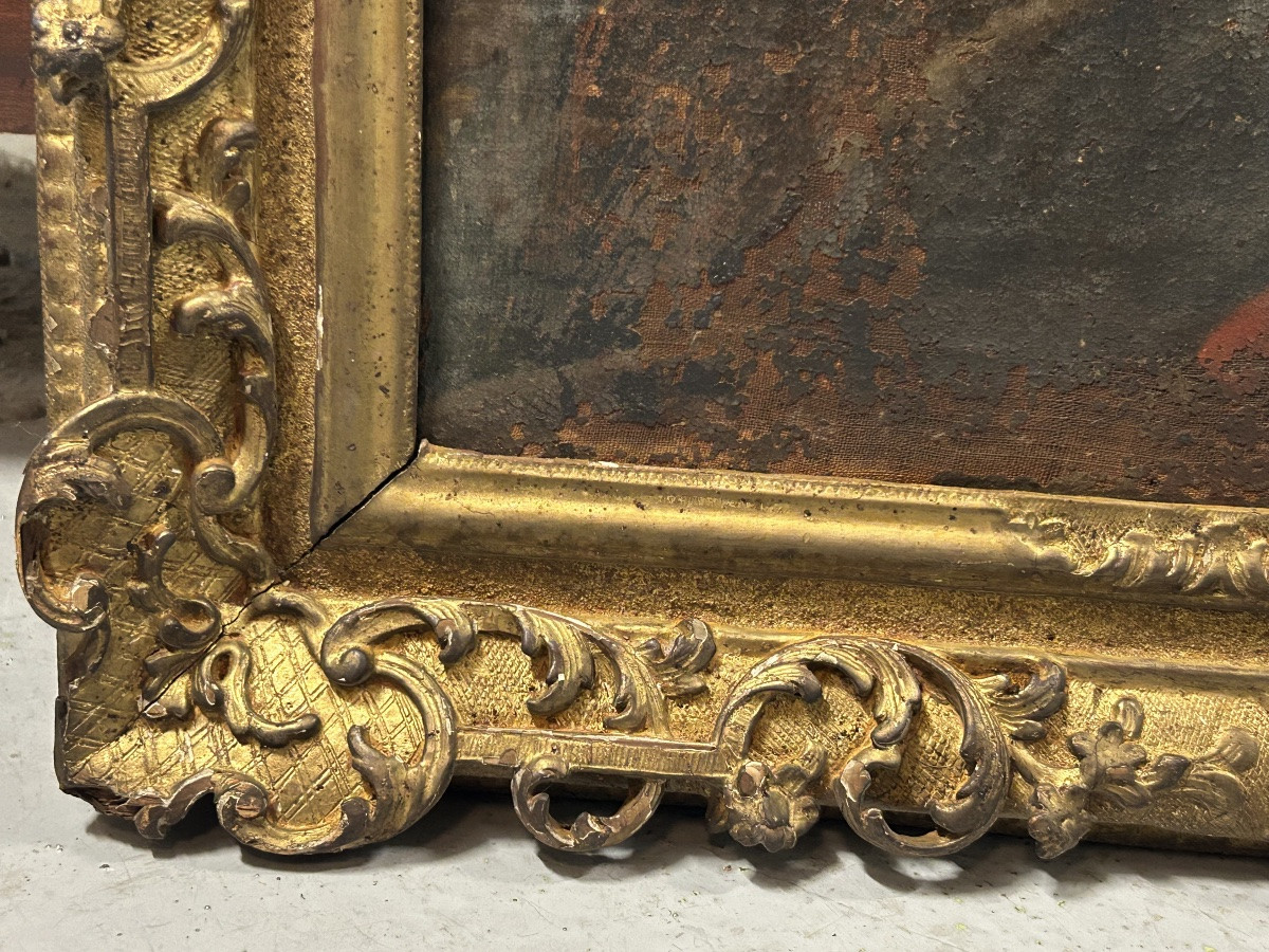 Antique Gilded Wooden Frame And Religious Painting, All From The Early 18th Century H 104cm 1/5 -photo-7