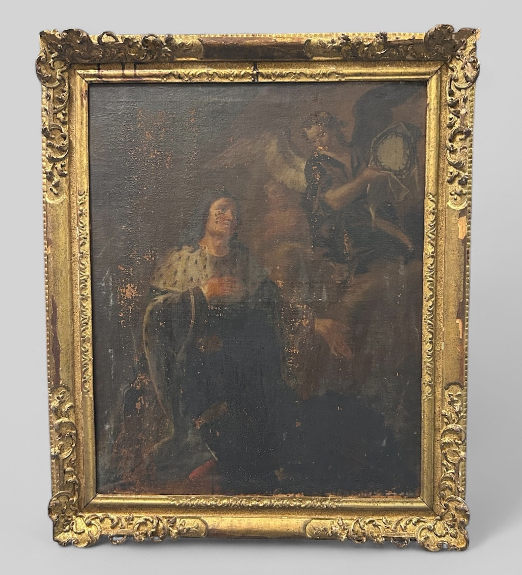 Antique Gilded Wooden Frame And Religious Painting, All From The Early 18th Century H 104cm 1/5 