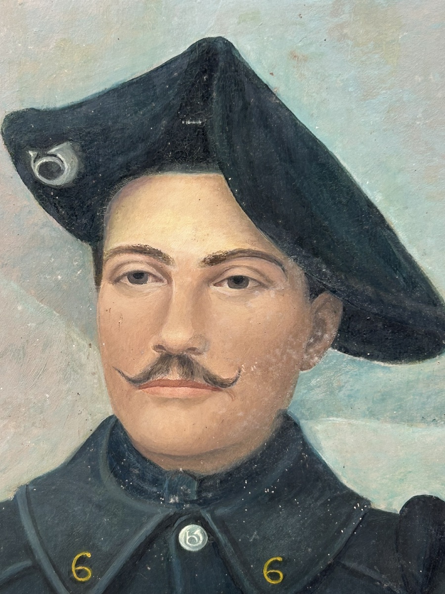 Portrait militaire chasseur alpin huile sur carton daté 1915 signé Renée Encontre -photo-2