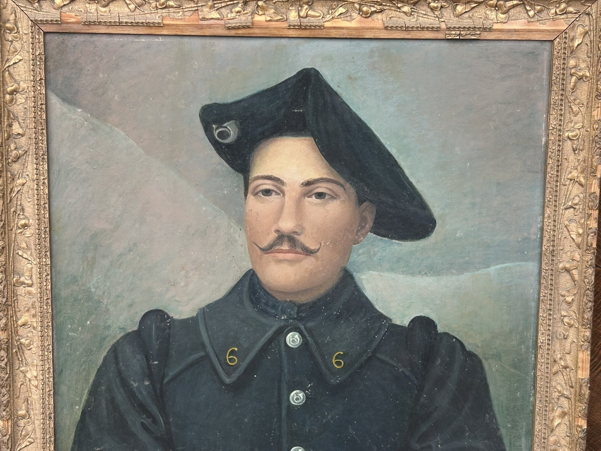 Portrait militaire chasseur alpin huile sur carton daté 1915 signé Renée Encontre -photo-4