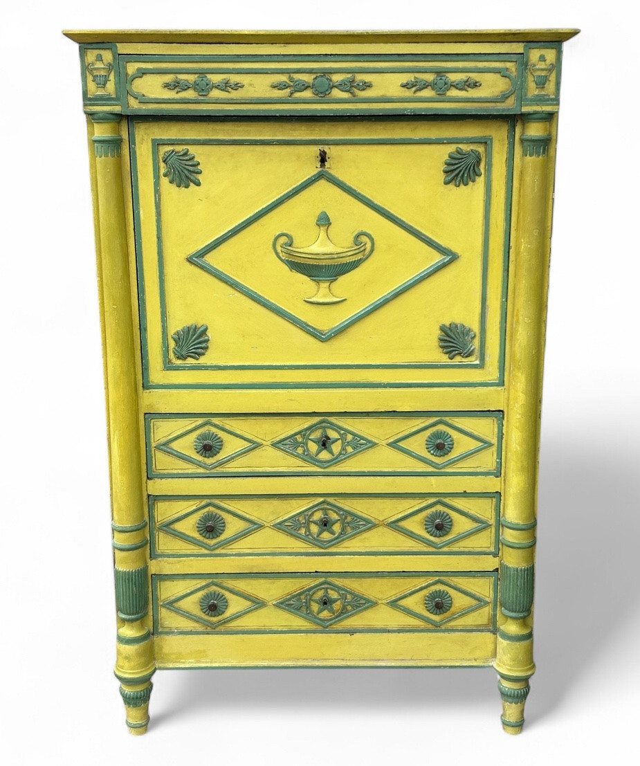 Directoire Period Secretary, Neoclassical Sculpture In Yellow And Green Lacquered Relief, Circa 1800-photo-2