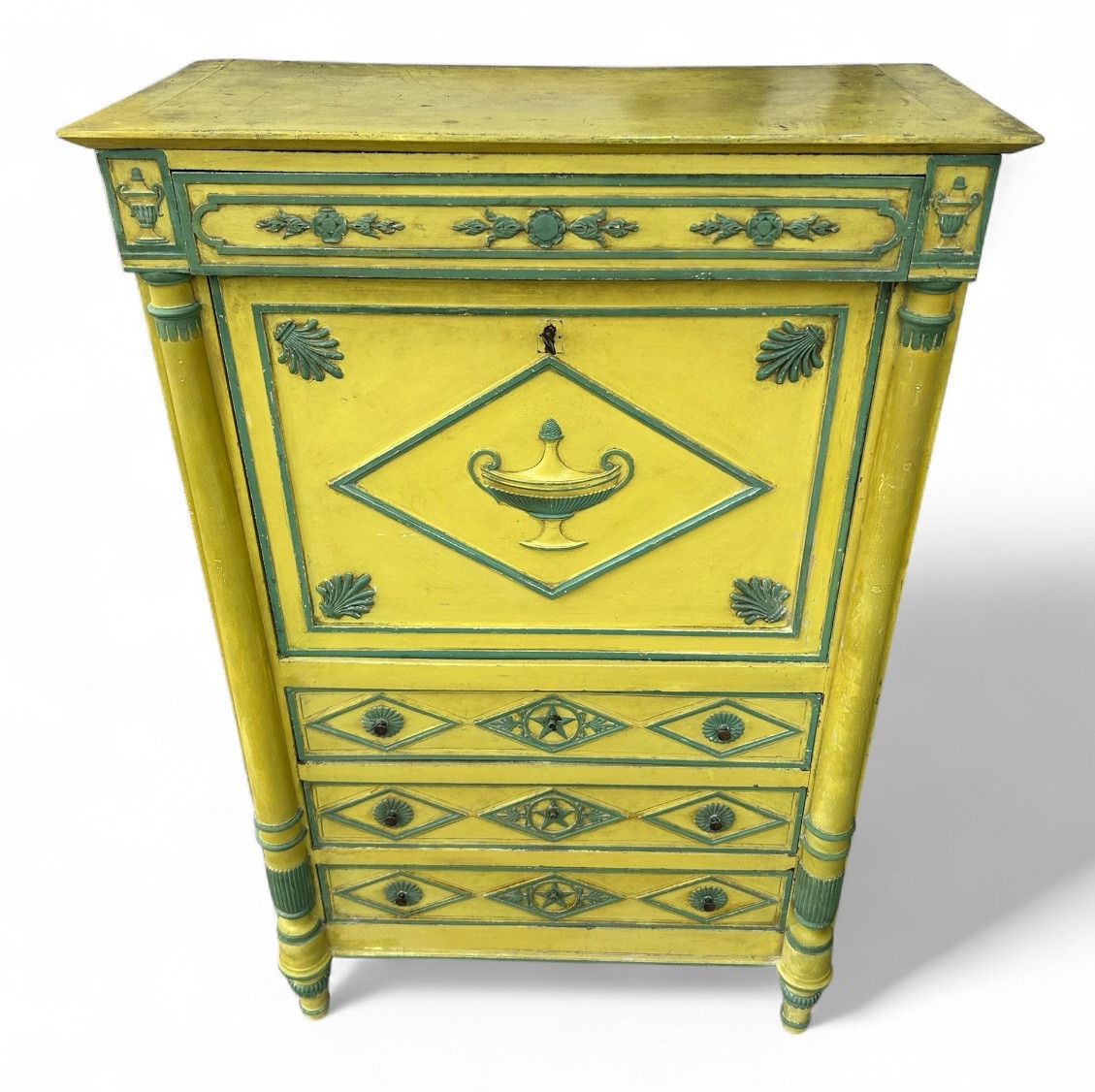 Directoire Period Secretary, Neoclassical Sculpture In Yellow And Green Lacquered Relief, Circa 1800-photo-4