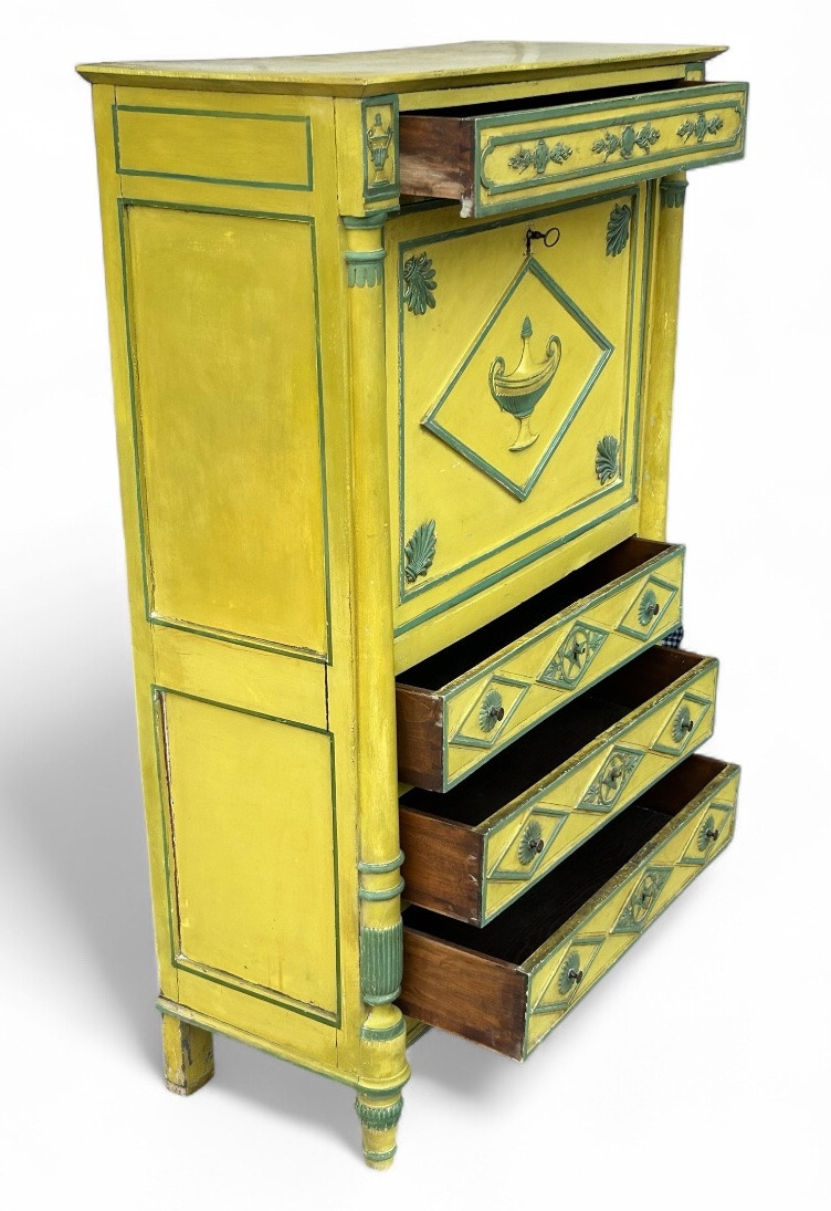 Directoire Period Secretary, Neoclassical Sculpture In Yellow And Green Lacquered Relief, Circa 1800-photo-2