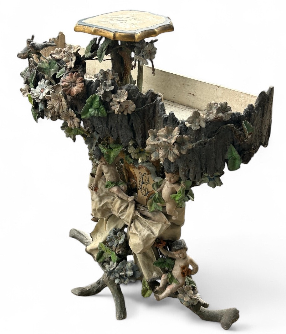 Importante jardinière de jardin d’hiver en bois et stuc polychrome d’époque fin XIXéme H 121 cm-photo-2