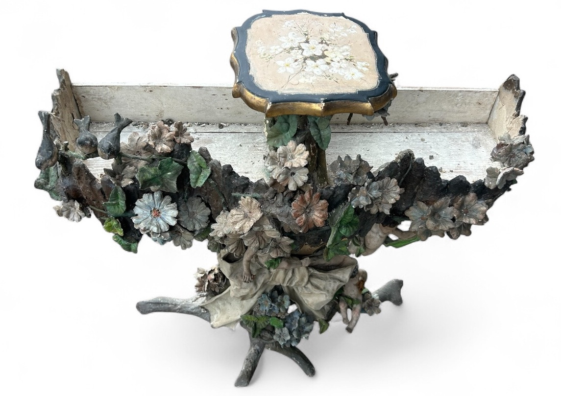 Importante jardinière de jardin d’hiver en bois et stuc polychrome d’époque fin XIXéme H 121 cm-photo-4