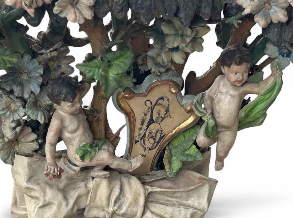 Importante jardinière de jardin d’hiver en bois et stuc polychrome d’époque fin XIXéme H 121 cm-photo-1