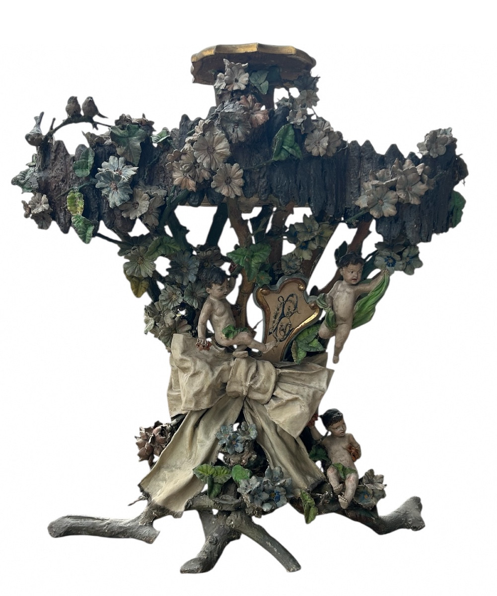 Importante jardinière de jardin d’hiver en bois et stuc polychrome d’époque fin XIXéme H 121 cm-photo-8