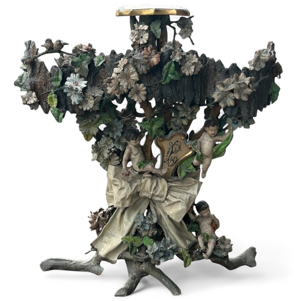 Importante jardinière de jardin d’hiver en bois et stuc polychrome d’époque fin XIXéme H 121 cm