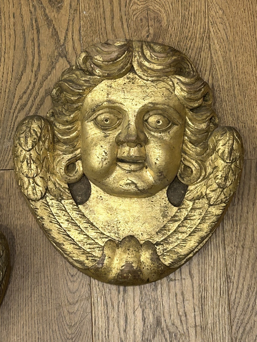 Pair Of Gilded Wood Sculptures - Angel Heads Circa 1900 -photo-2