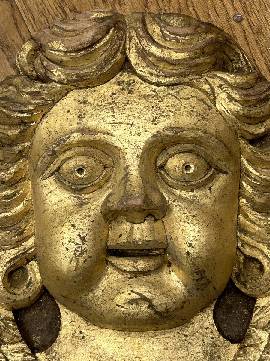 Pair Of Gilded Wood Sculptures - Angel Heads Circa 1900 -photo-3