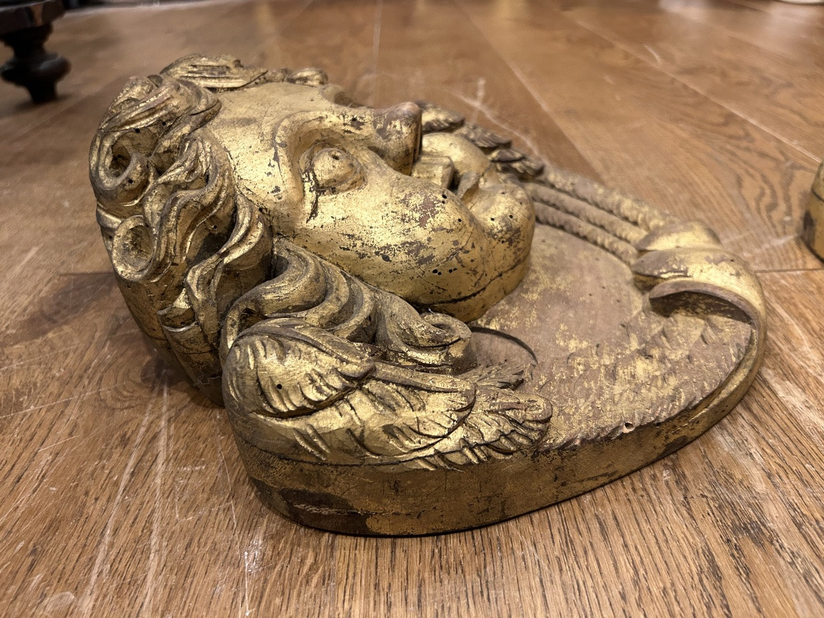 Pair Of Gilded Wood Sculptures - Angel Heads Circa 1900 -photo-1