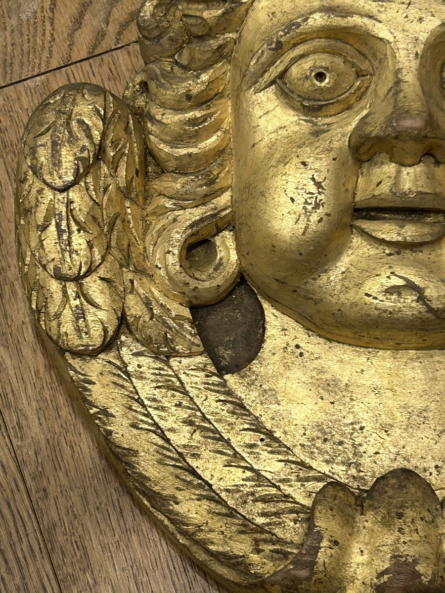 Pair Of Gilded Wood Sculptures - Angel Heads Circa 1900 -photo-3